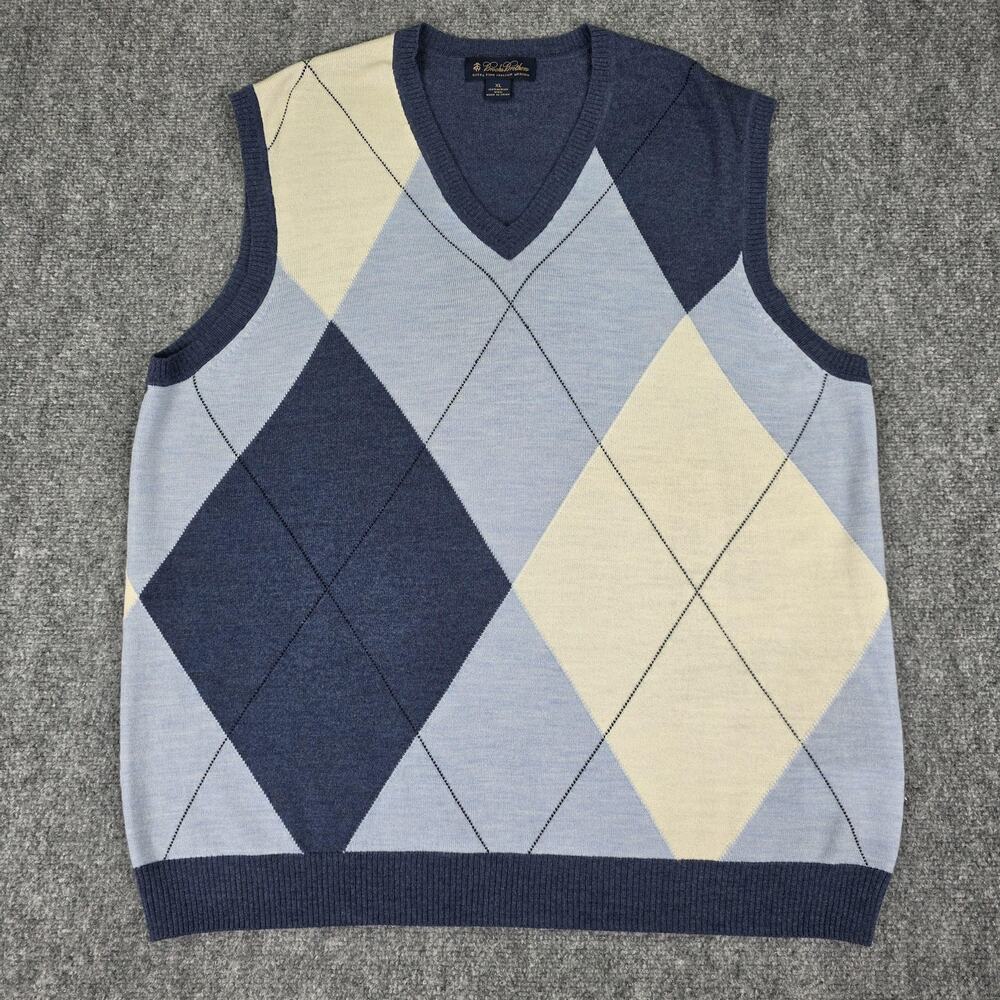 Brooks Brothers Sweater Vest Mens XL Blue Argyle Merino Wool Knit Pullover Prep